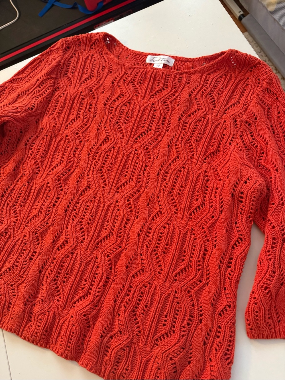 Tradition Tomato Red Orange Knit Openwork Boatneck Sweater Boho Casual Chic - Picture 3 of 5